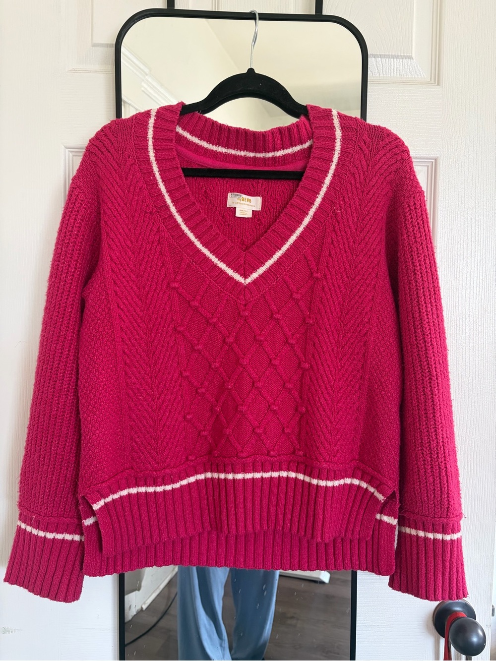 Anthropologie Hot Pink Cable Knit V-Neck Sweater with White Stripe Trim